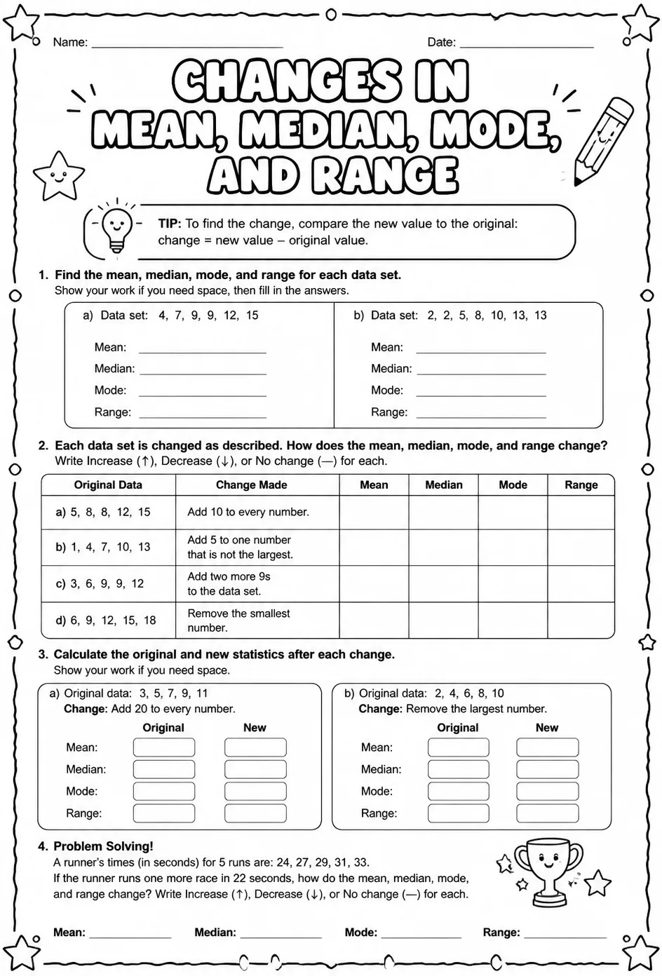Changes in mean, median, mode, and range — free printable Grade 8 math worksheet
