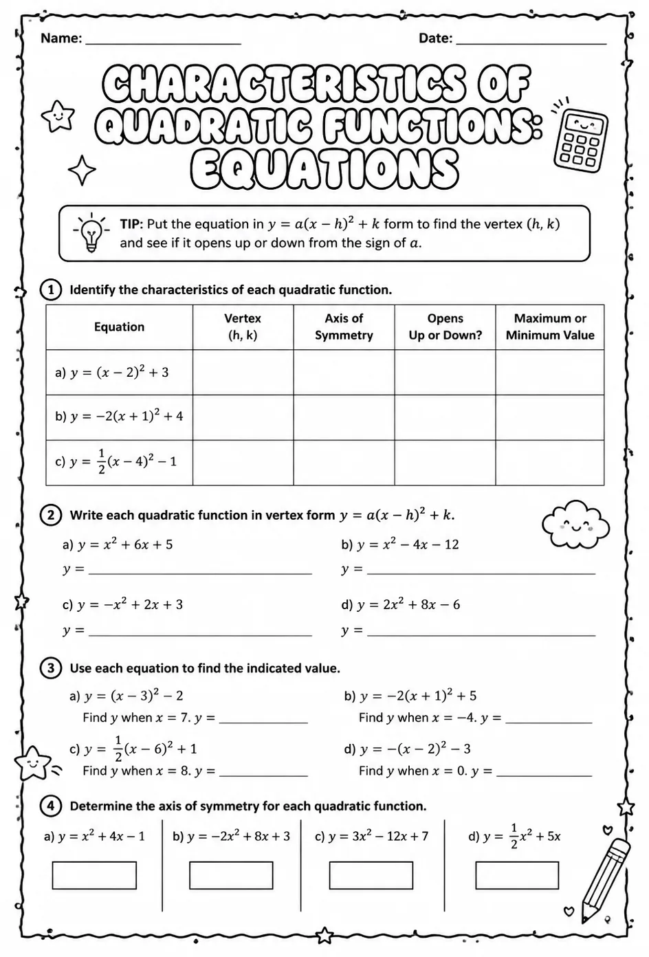 Characteristics of quadratic functions: equations — free printable Algebra 2 math worksheet