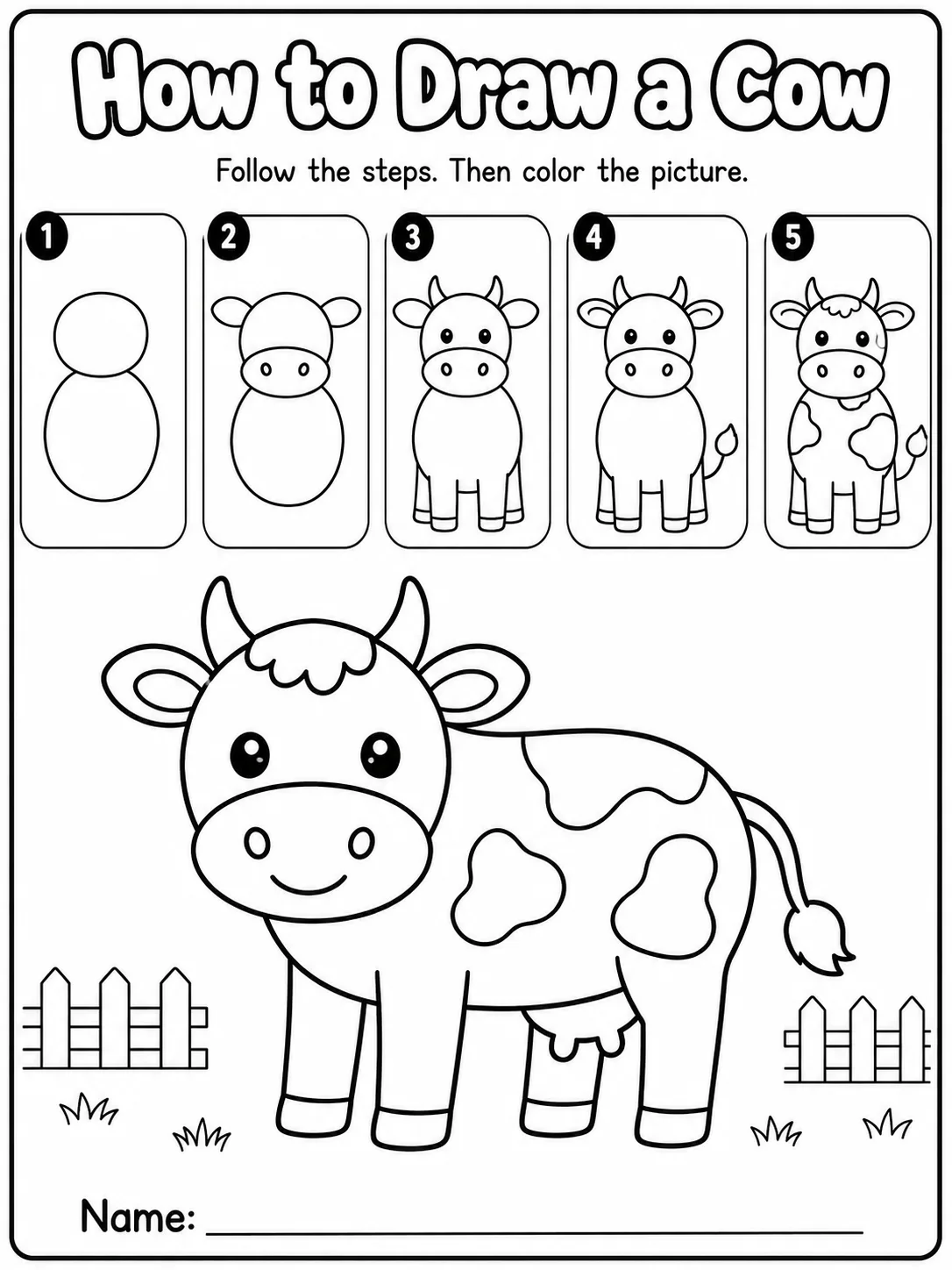 How to Draw a Cow printable Grade 2 worksheet preview from KiwiBee