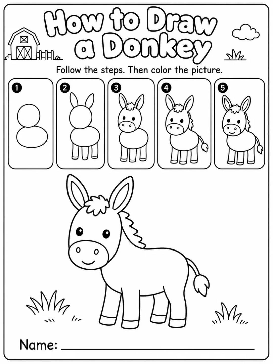 How to Draw a Donkey printable Grade 2 worksheet preview from KiwiBee