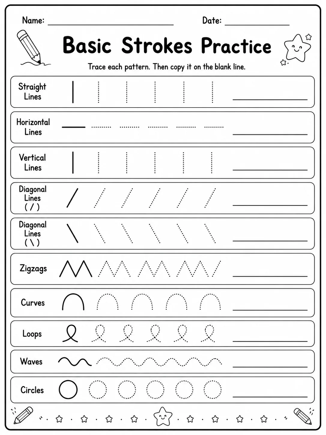 Basic Strokes Practice printable Grade 2 worksheet preview from KiwiBee