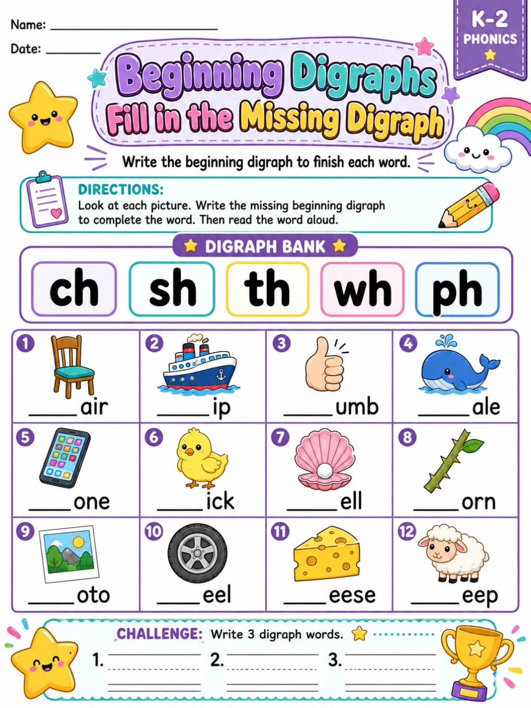 Beginning Digraphs Fill in the Missing Digraph printable Grade 2 worksheet preview from KiwiBee