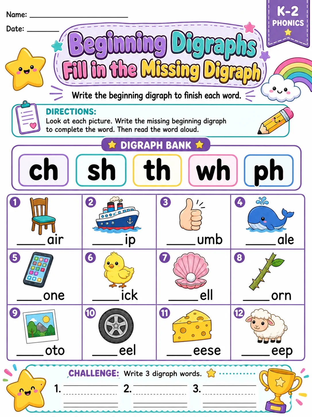 Beginning Digraphs Fill in the Missing Digraph printable Grade 2 worksheet preview from KiwiBee