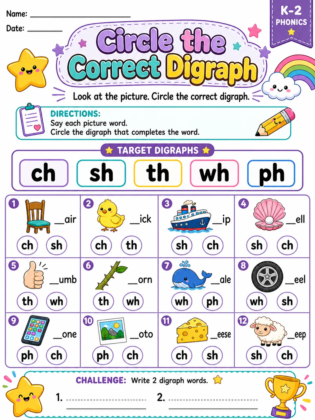 Circle the Correct Digraph printable Grade 2 worksheet preview from KiwiBee