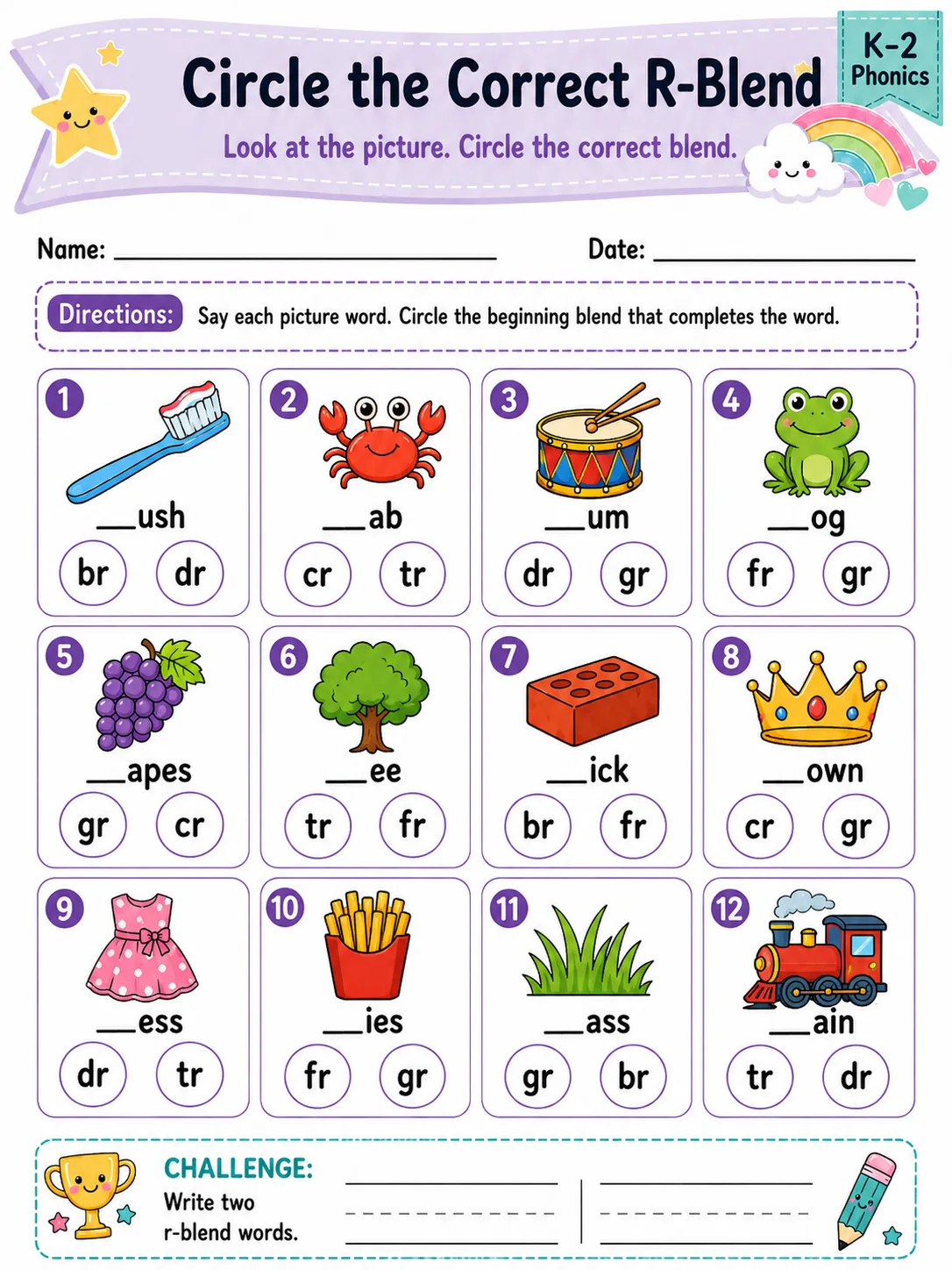 Circle the Correct R-Blend printable Grade 2 worksheet preview from KiwiBee