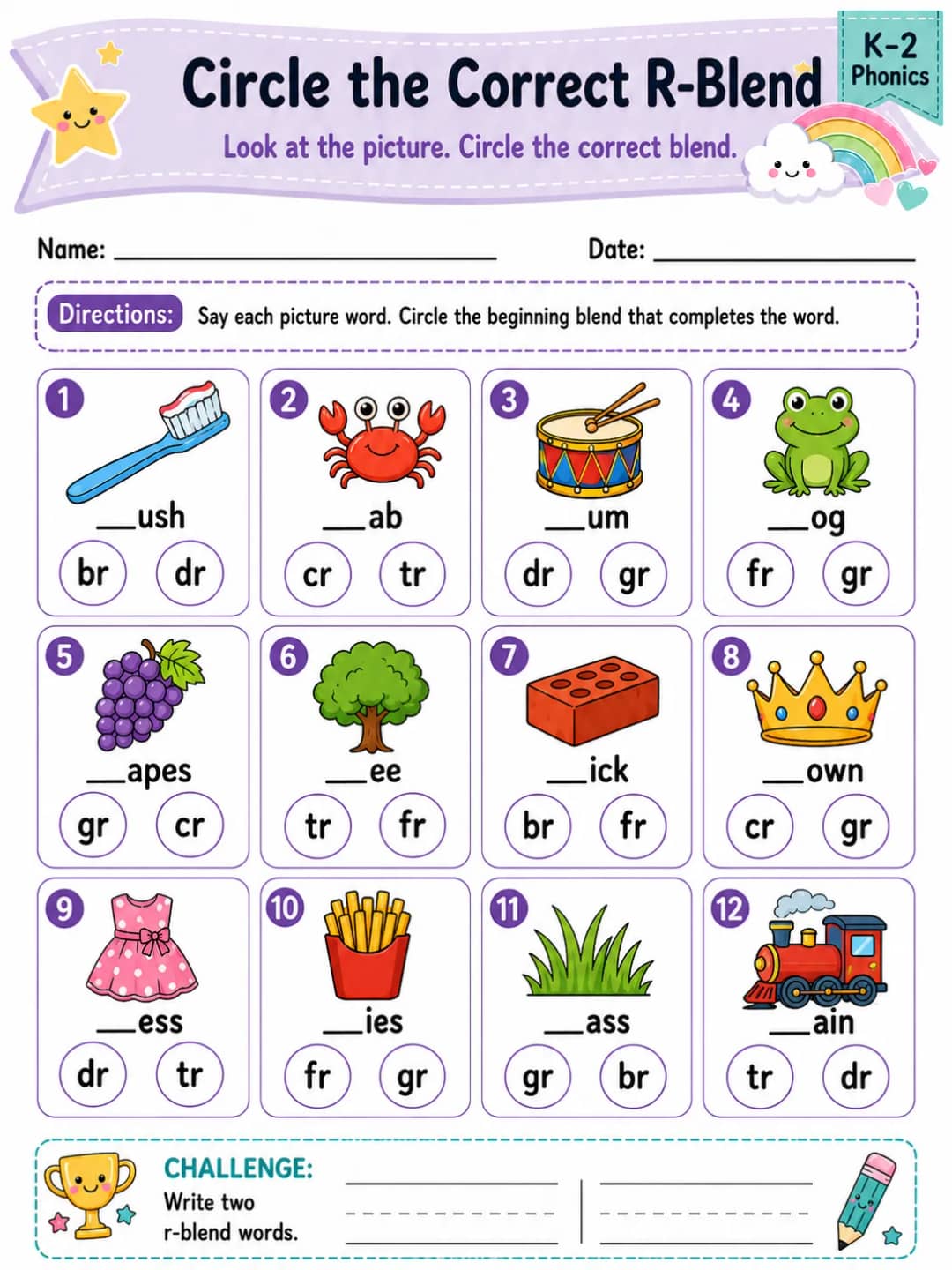 Circle the Correct R-Blend printable Grade 2 worksheet preview from KiwiBee