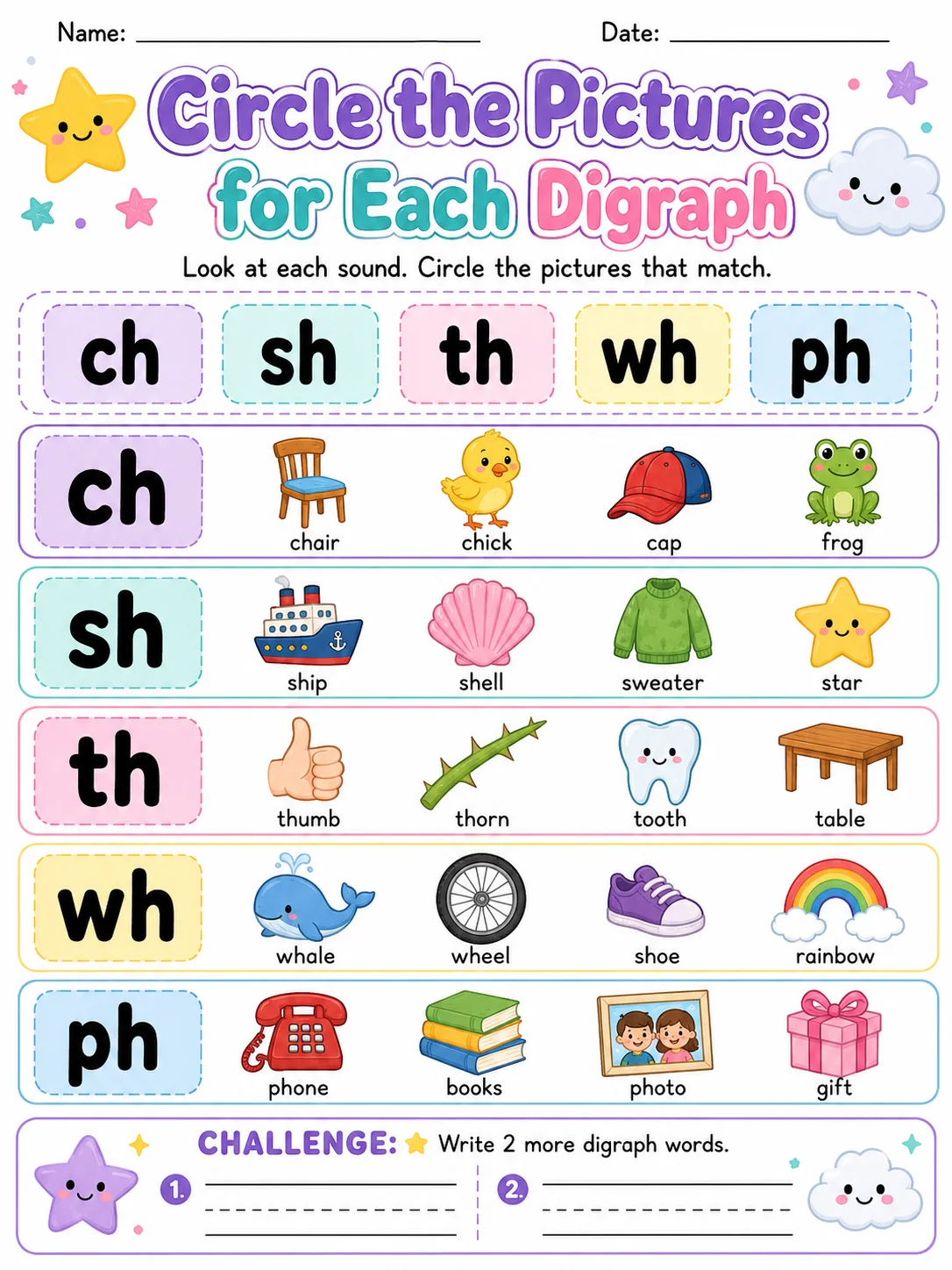 Circle the Pictures for Each Digraph printable Grade 2 worksheet preview from KiwiBee