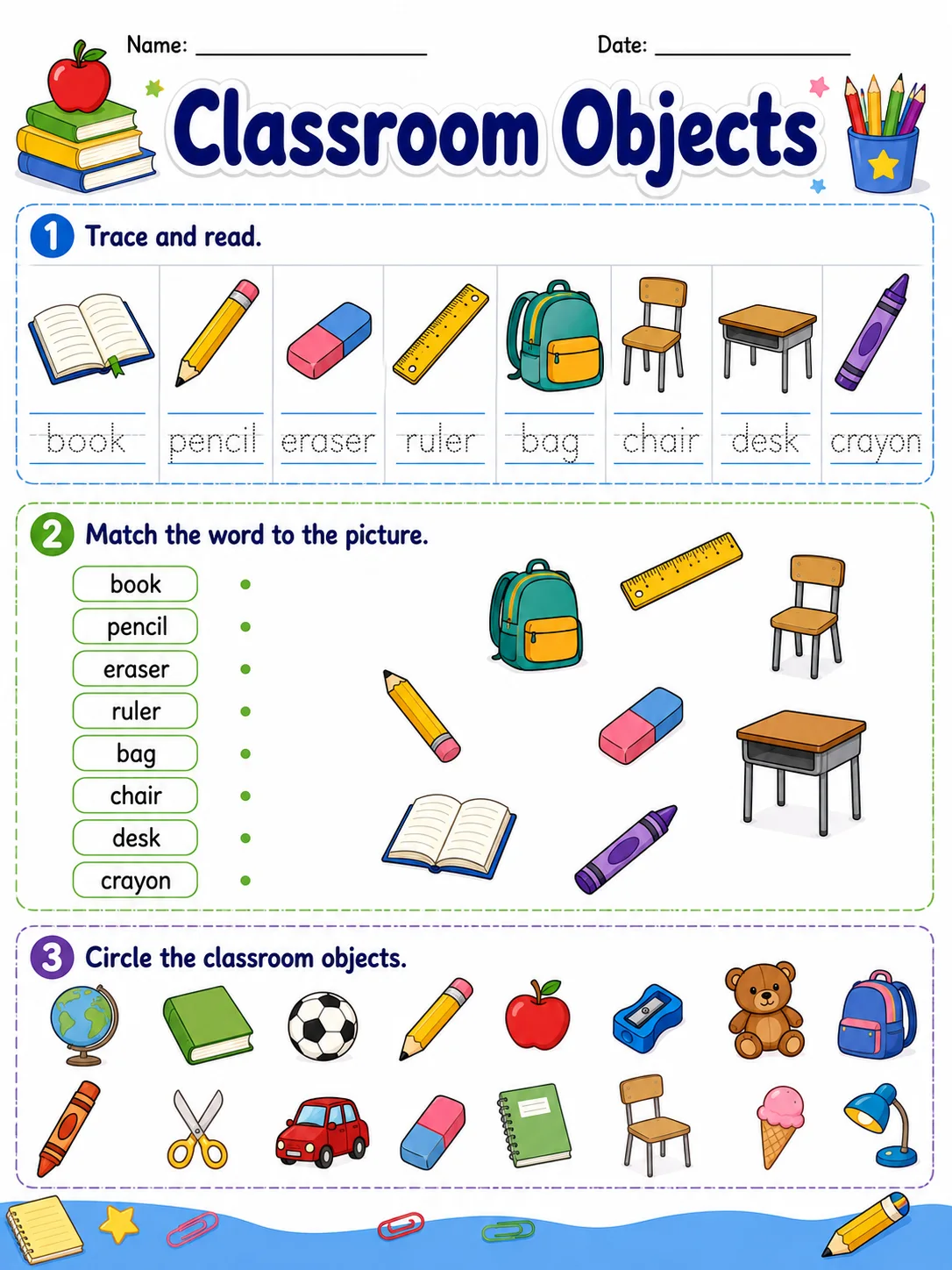 Classroom Objects printable Grade 2 worksheet preview from KiwiBee