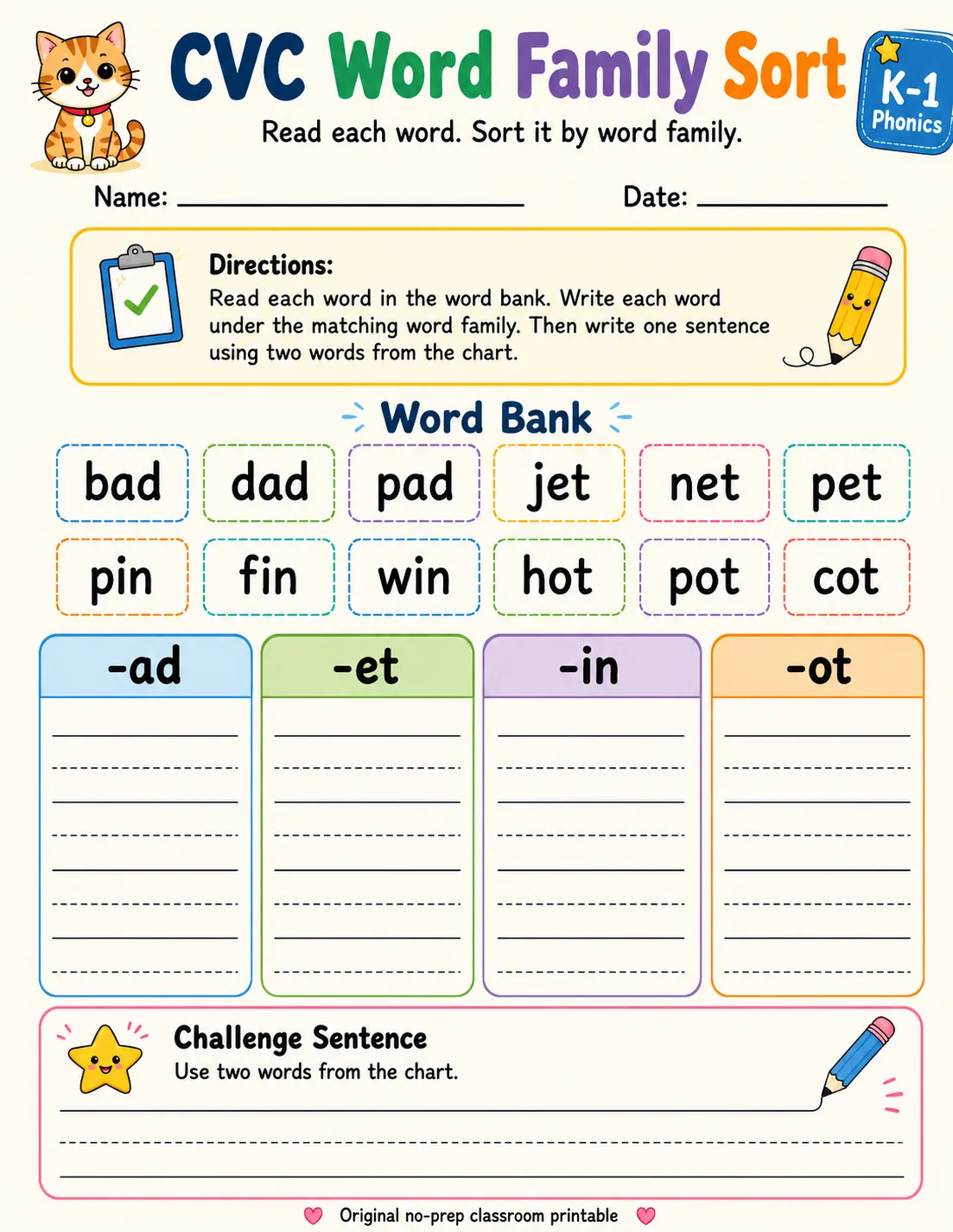 CVC Word Family Sort: -ad, -et, -in, -ot printable Grade 1 worksheet preview from KiwiBee