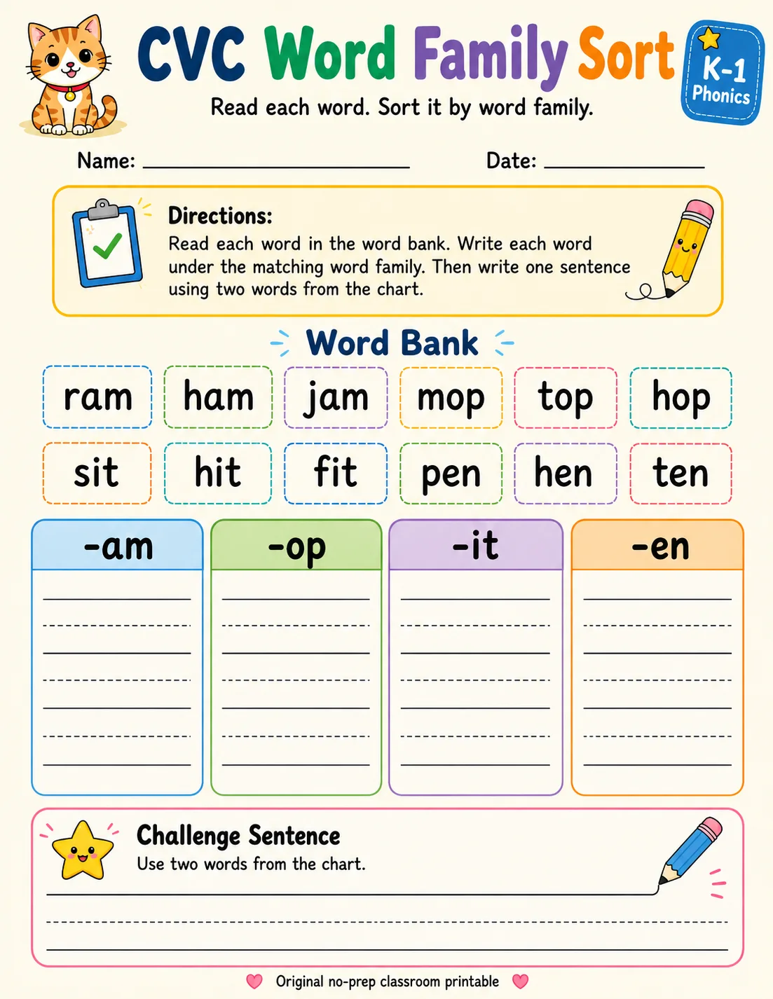 CVC Word Family Sort: -am, -op, -it, -en printable Grade 1 worksheet preview from KiwiBee