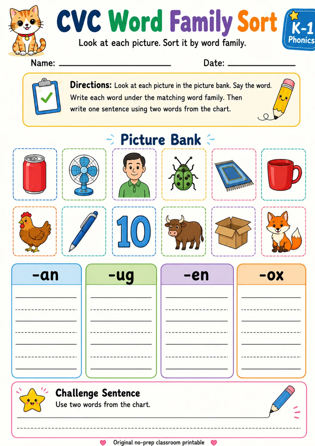 CVC Word Family Sort: -an, -ug, -en, -ox printable Grade 1 worksheet preview from KiwiBee