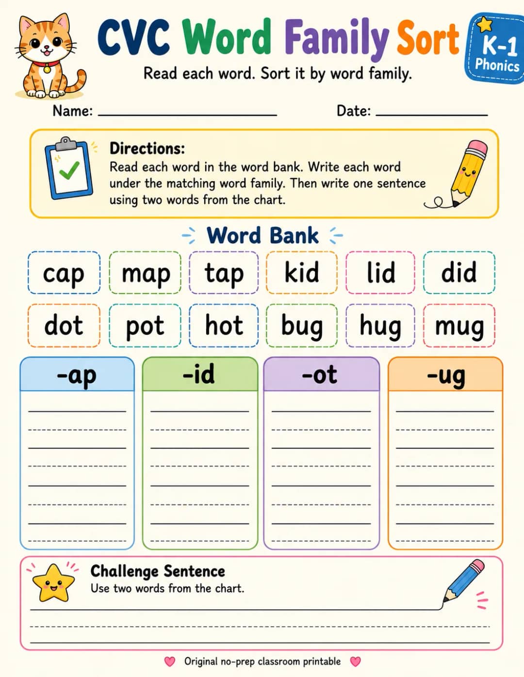 CVC Word Family Sort: -ap, -id, -ot, -ug printable Grade 1 worksheet preview from KiwiBee