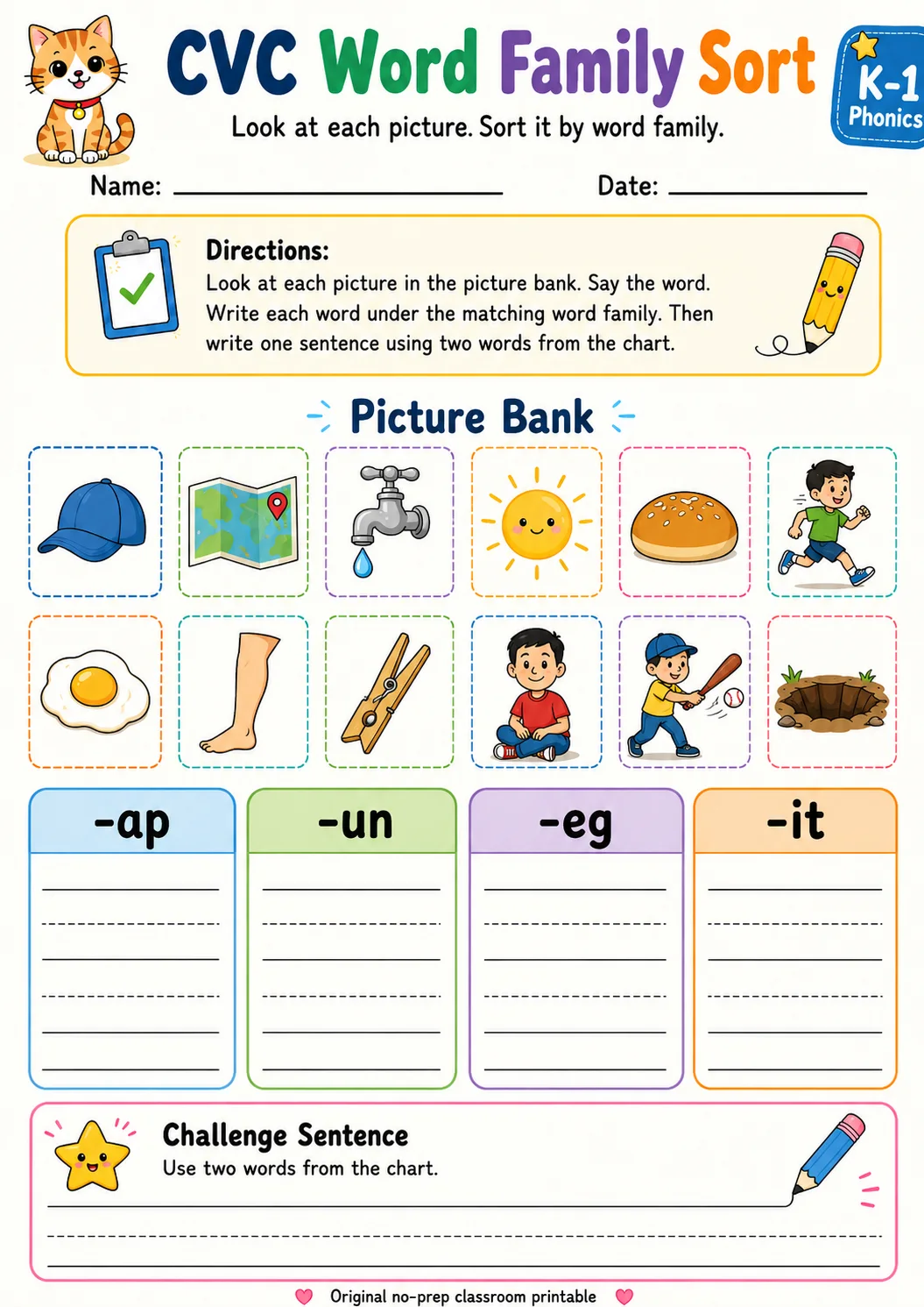CVC Word Family Sort: -ap, -un, -eg, -it printable Grade 1 worksheet preview from KiwiBee