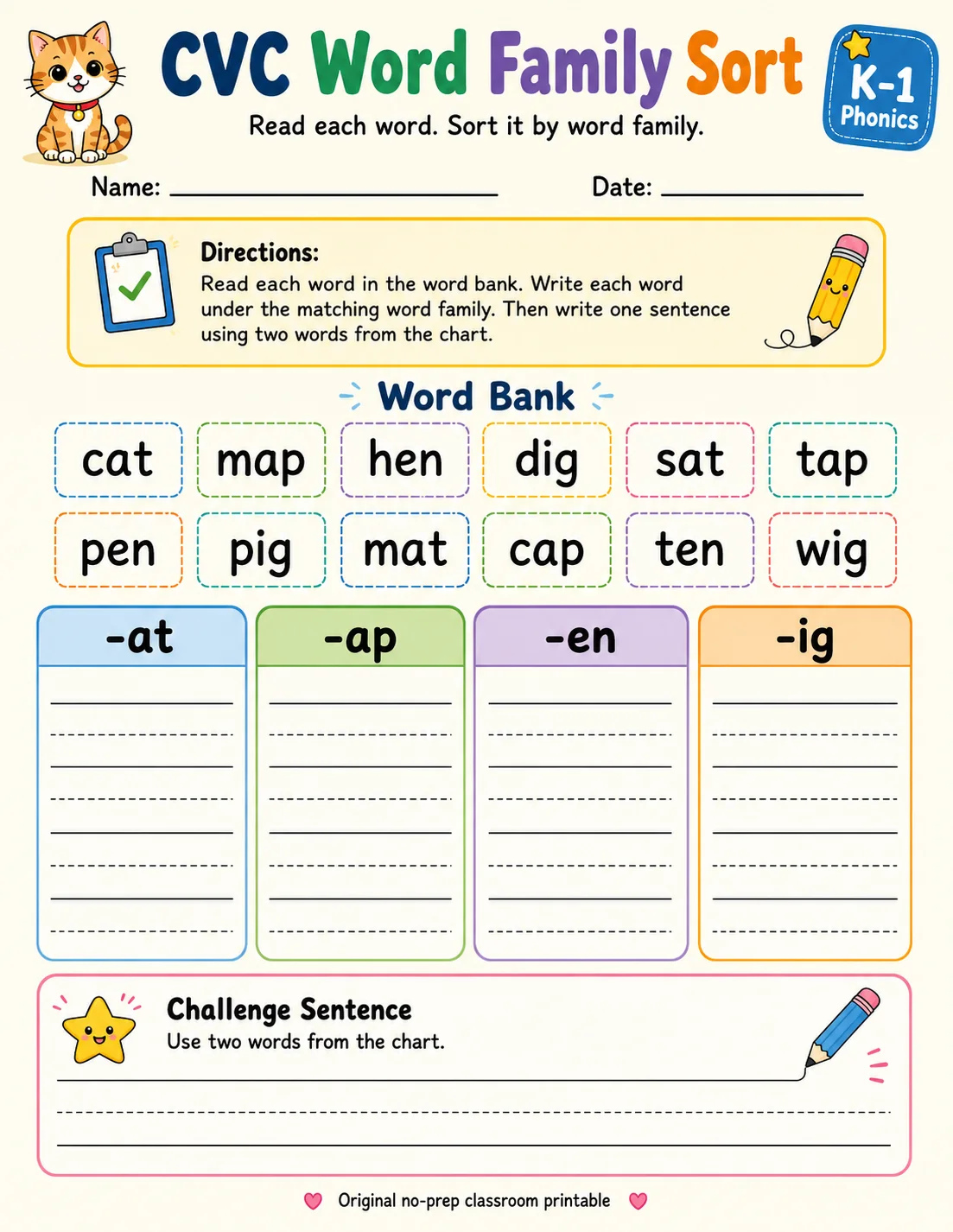 CVC Word Family Sort: -at, -ap, -en, -ig printable Grade 1 worksheet preview from KiwiBee