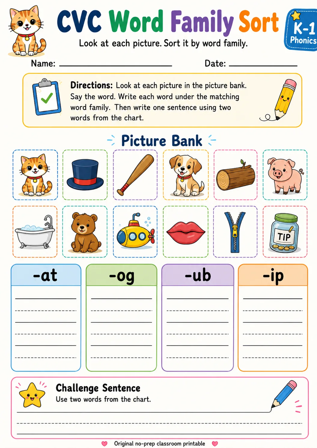 CVC Word Family Sort: -at, -og, -ub, -ip printable Grade 1 worksheet preview from KiwiBee