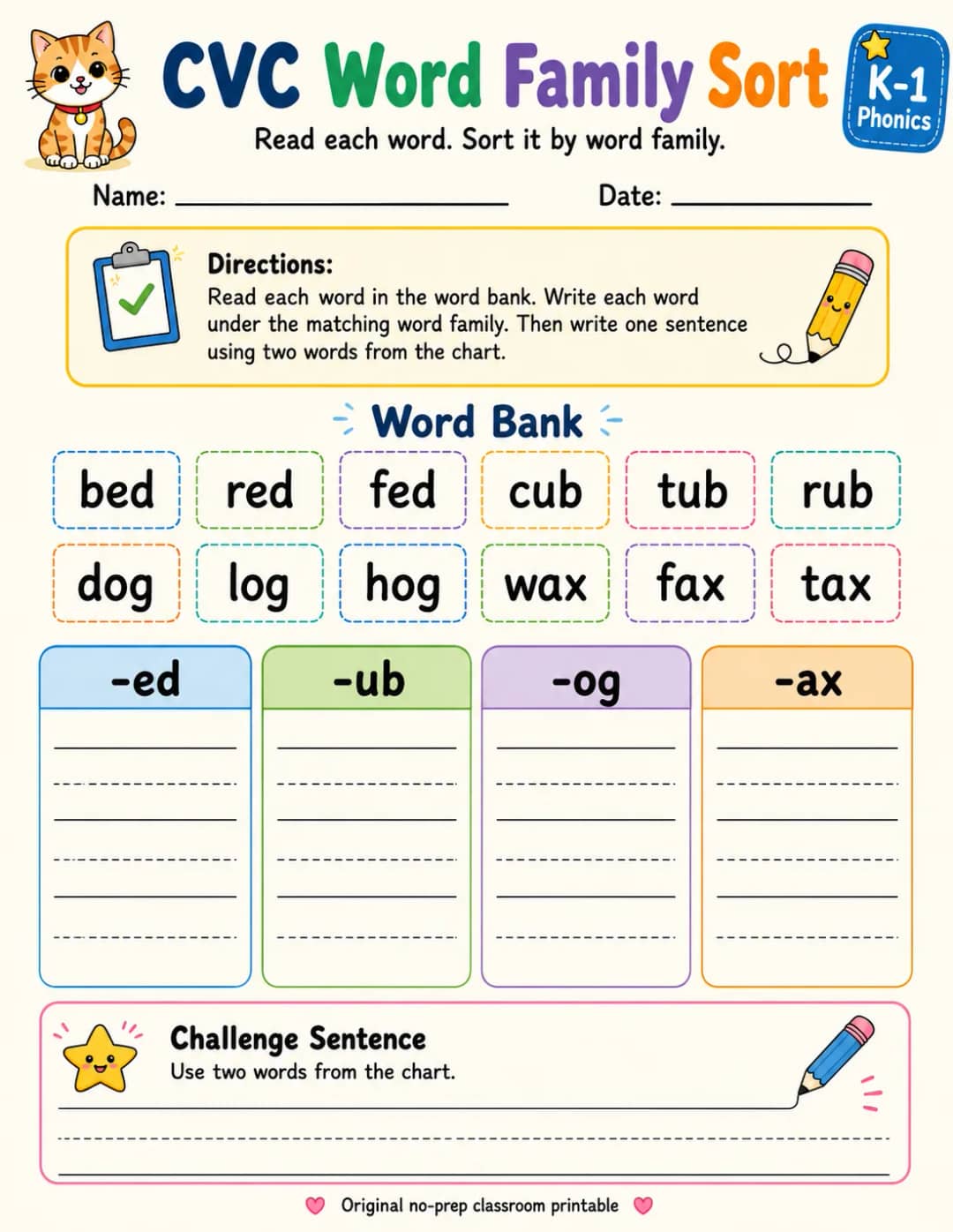 CVC Word Family Sort: -ed, -ub, -og, -ax printable Grade 1 worksheet preview from KiwiBee