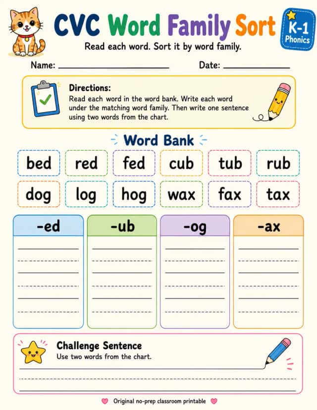 CVC Word Family Sort: -ed, -ub, -og, -ax