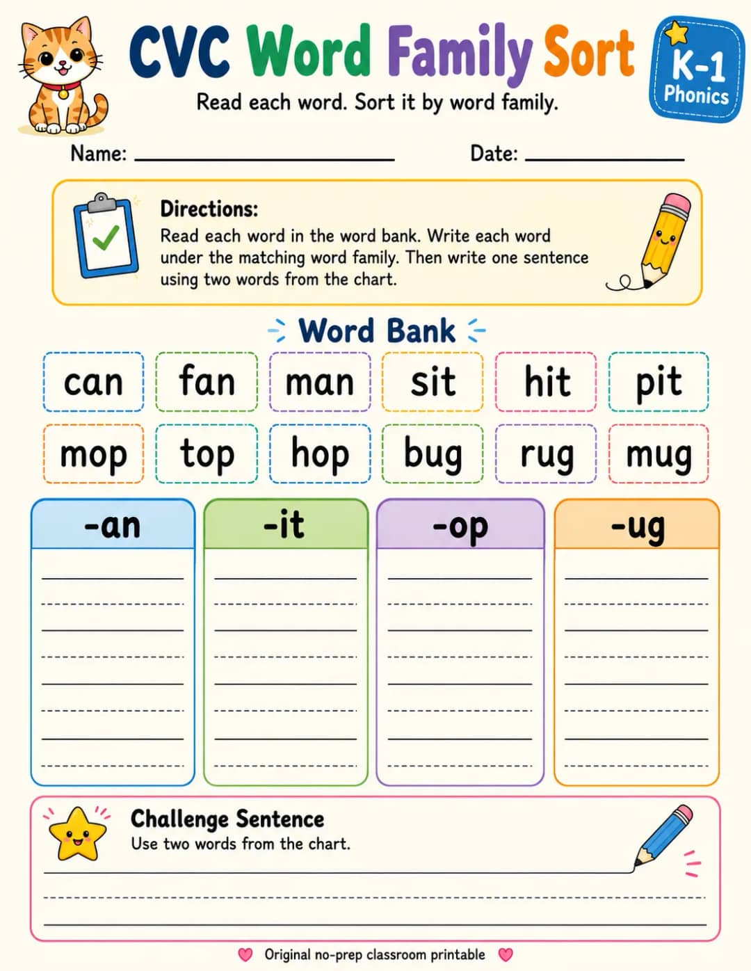CVC Word Family Sort printable Grade 1 worksheet preview from KiwiBee