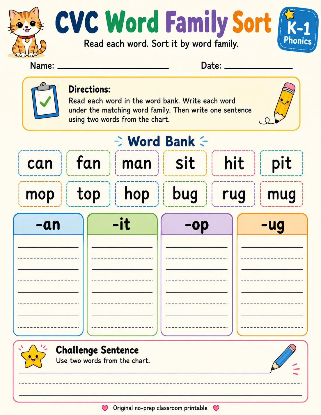 CVC Word Family Sort printable Grade 1 worksheet preview from KiwiBee