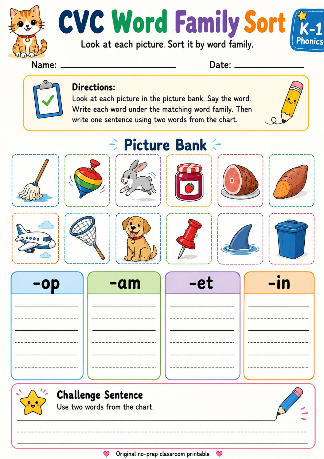 CVC Word Family Sort: -op, -am, -et, -in printable Grade 1 worksheet preview from KiwiBee
