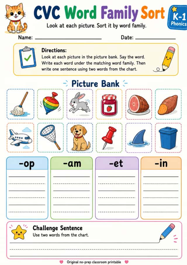 CVC Word Family Sort: -op, -am, -et, -in
