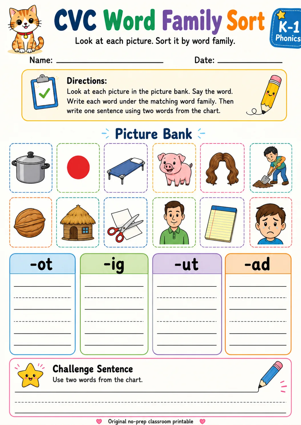 CVC Word Family Sort: -ot, -ig, -ut, -ad printable Grade 1 worksheet preview from KiwiBee