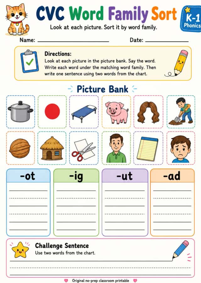 CVC Word Family Sort: -ot, -ig, -ut, -ad
