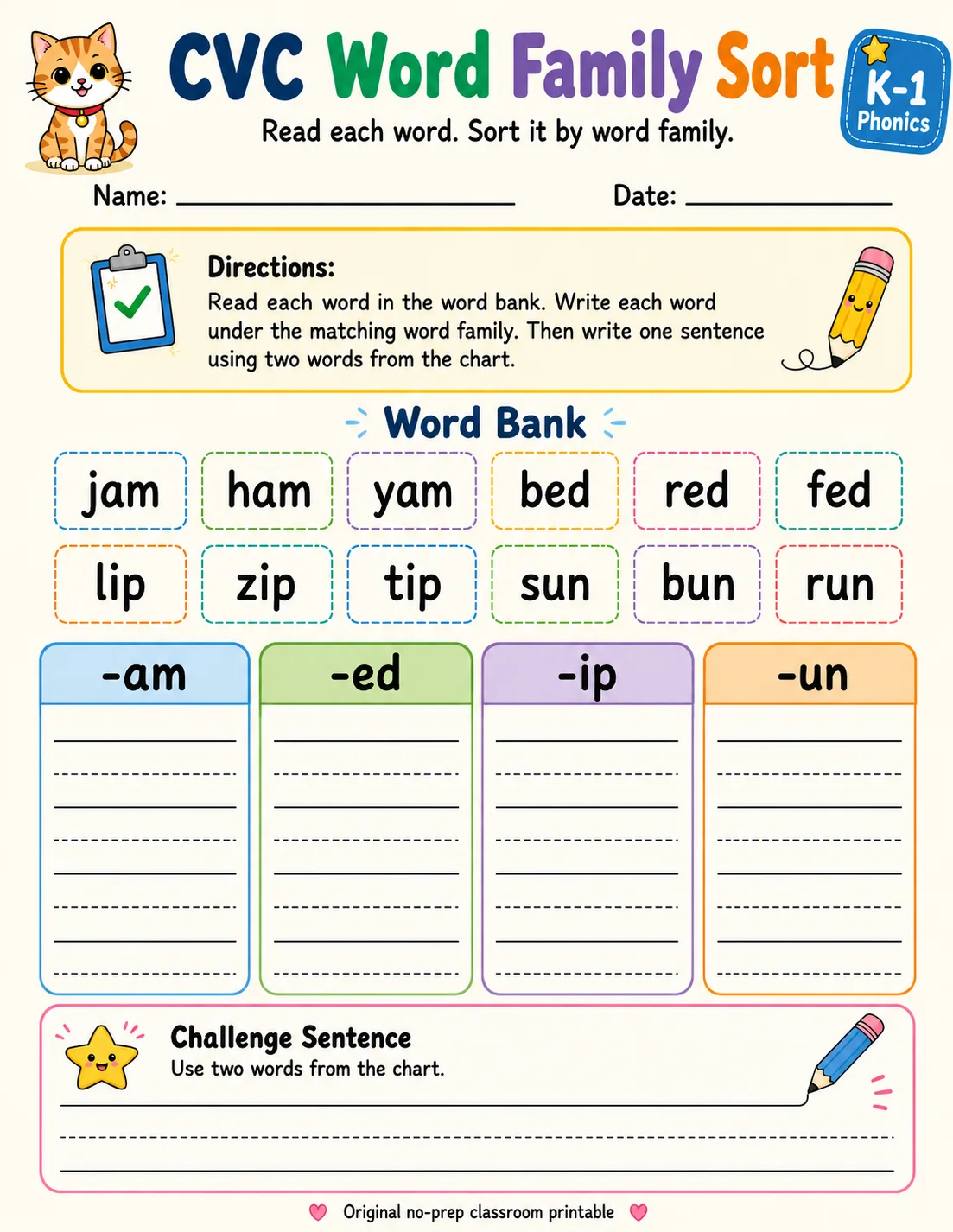 CVC Word Family Sort - Set 2 printable Grade 1 worksheet preview from KiwiBee