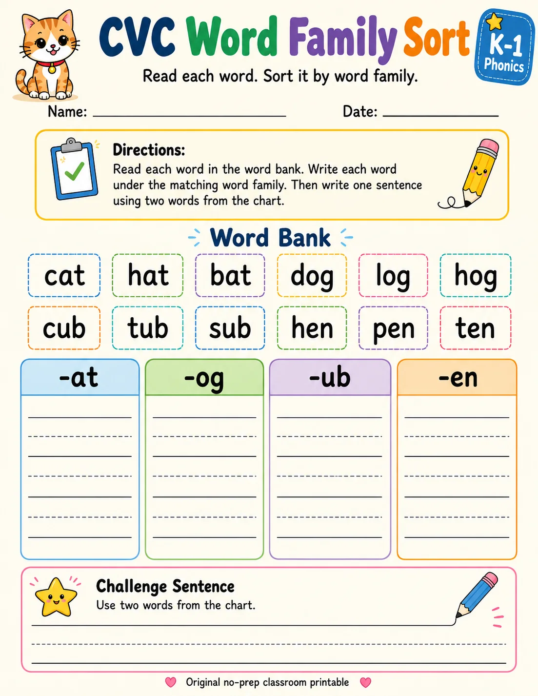 CVC Word Family Sort - Set 3 printable Grade 1 worksheet preview from KiwiBee