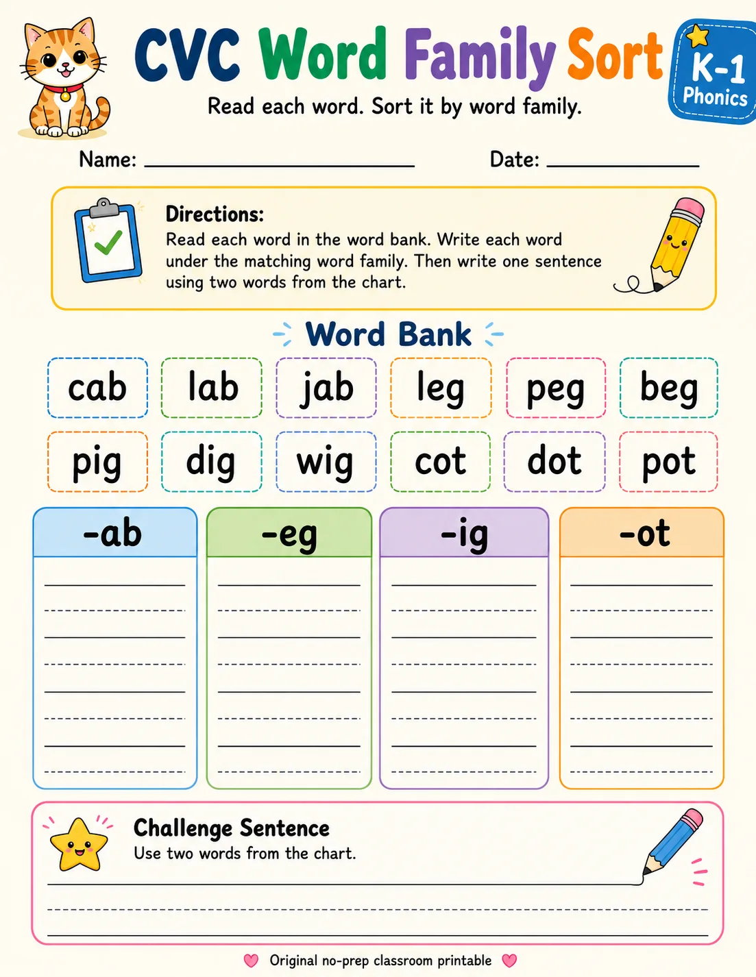 CVC Word Family Sort - Set 4 printable Grade 1 worksheet preview from KiwiBee