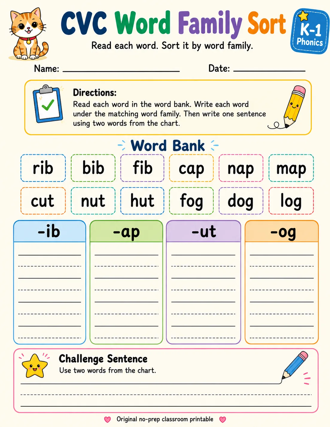 CVC Word Family Sort - Set 5 printable Grade 1 worksheet preview from KiwiBee