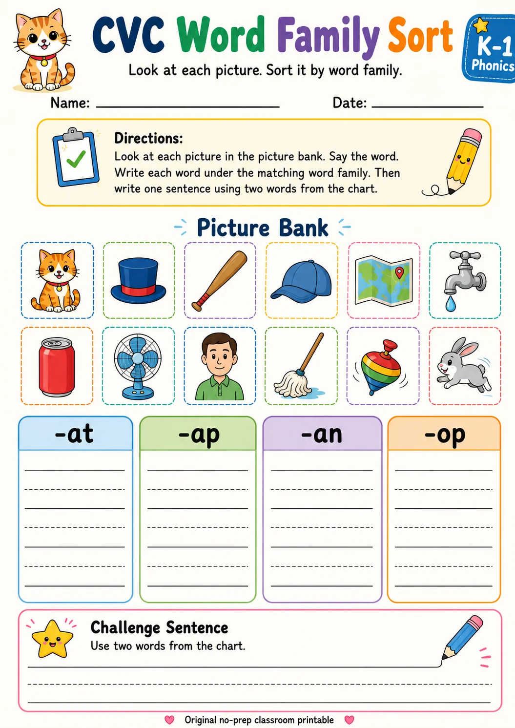 CVC Word Family Sort - Set 6 printable Grade 1 worksheet preview from KiwiBee