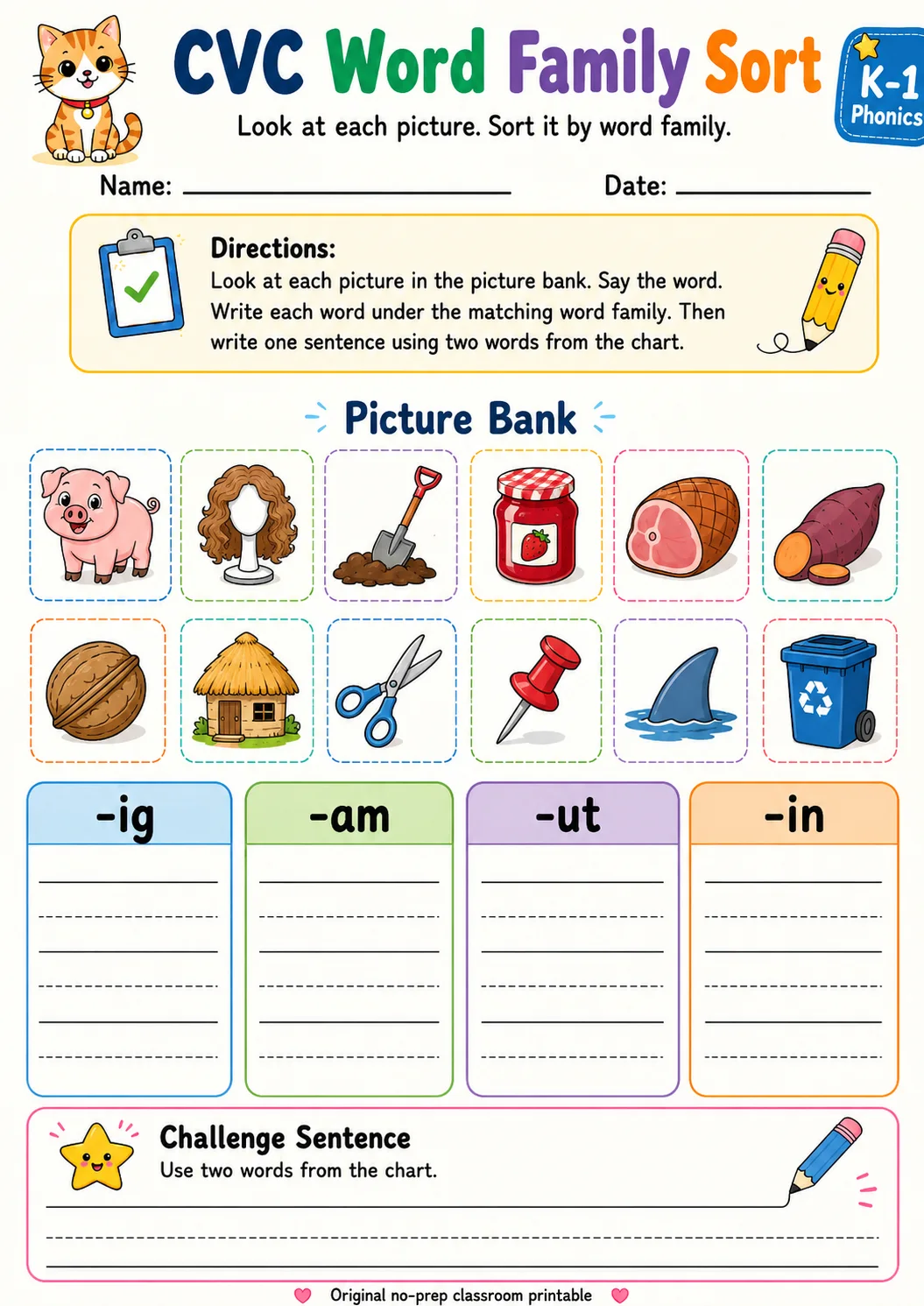 CVC Word Family Sort - Set 7 printable Grade 1 worksheet preview from KiwiBee