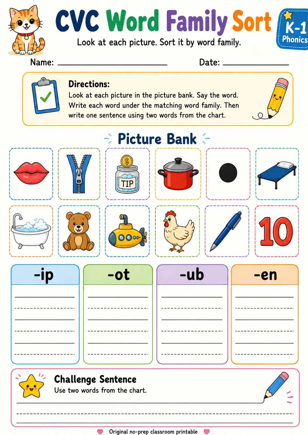 CVC Word Family Sort - Set 8 printable Grade 1 worksheet preview from KiwiBee