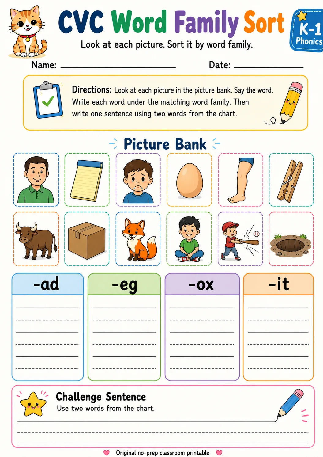 CVC Word Family Sort - Set 9 printable Grade 1 worksheet preview from KiwiBee