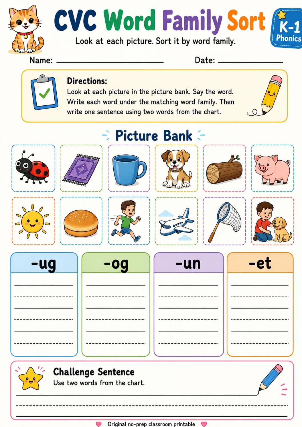 CVC Word Family Sort: -ug, -og, -un, -et printable Grade 1 worksheet preview from KiwiBee