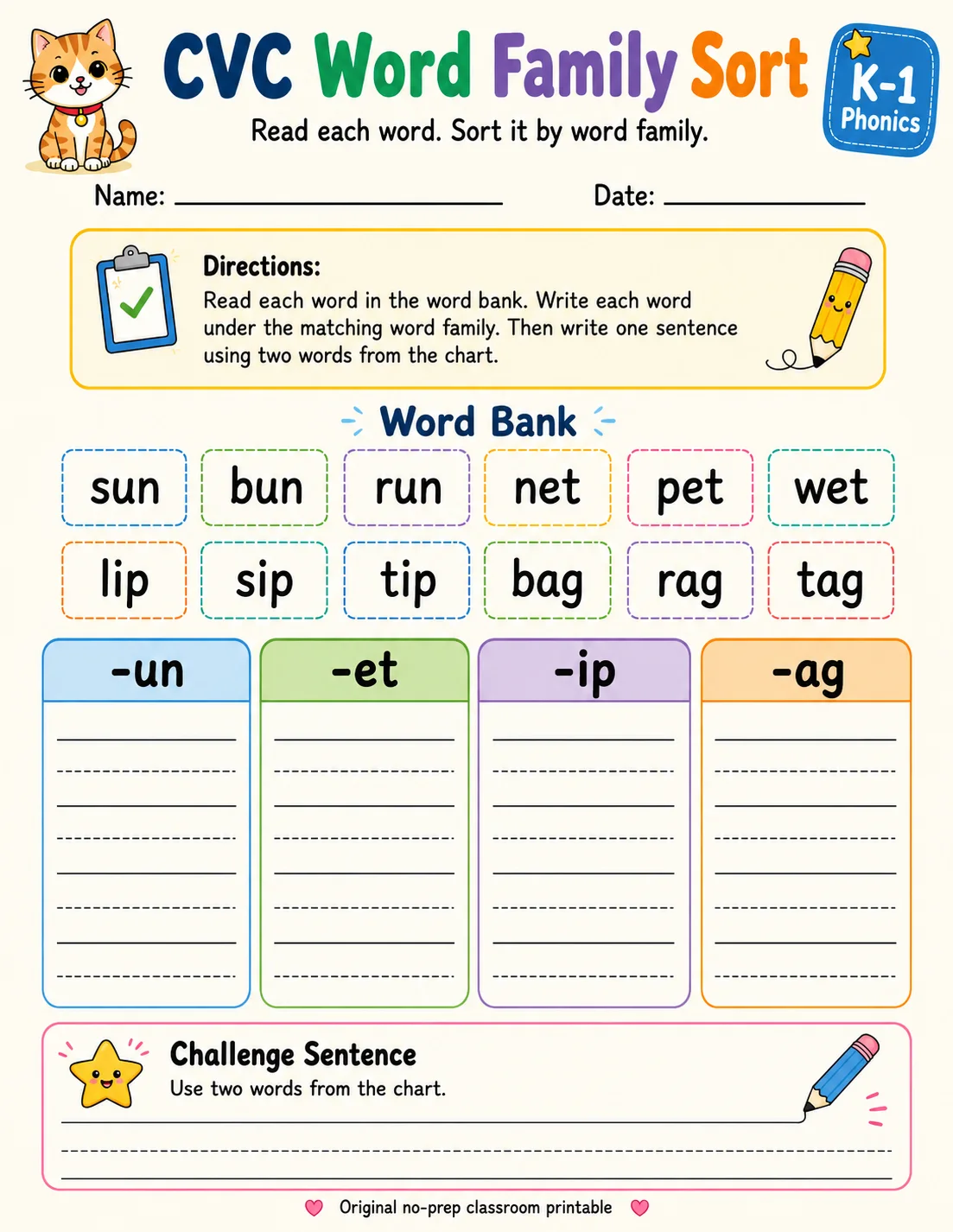 CVC Word Family Sort: -un, -et, -ip, -ag printable Grade 1 worksheet preview from KiwiBee