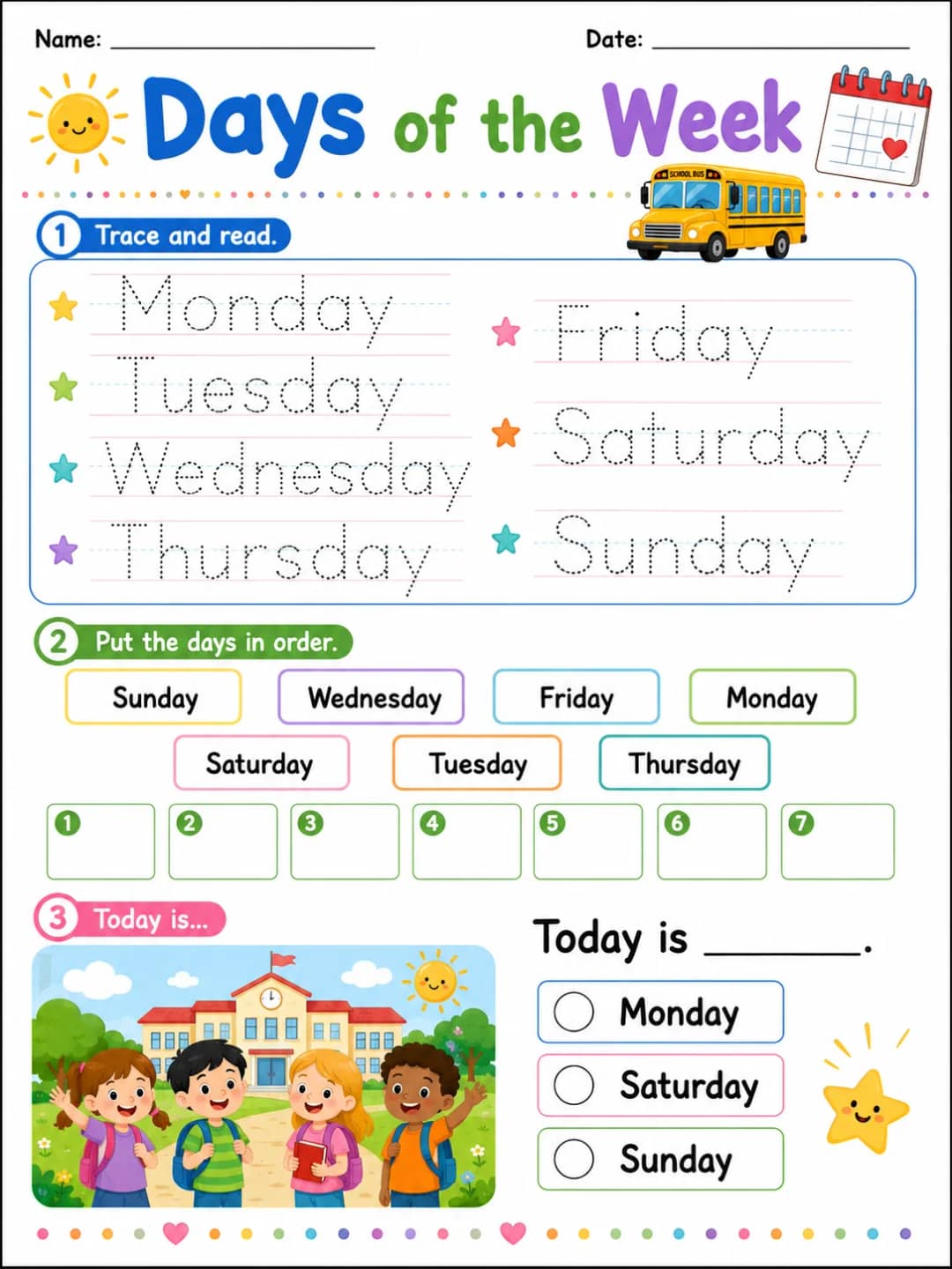 Days of the Week printable Grade 2 worksheet preview from KiwiBee