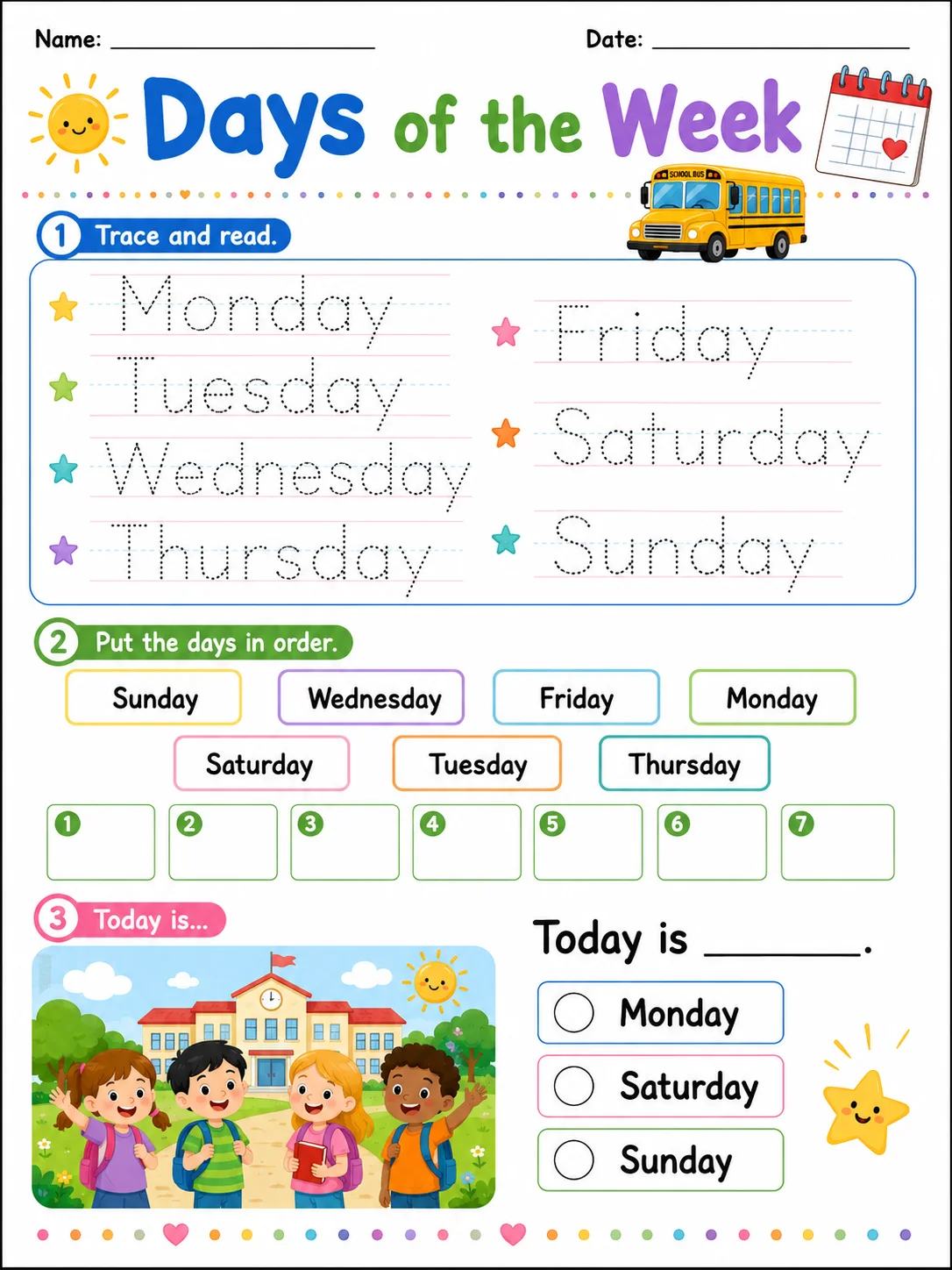 Days of the Week printable Grade 2 worksheet preview from KiwiBee