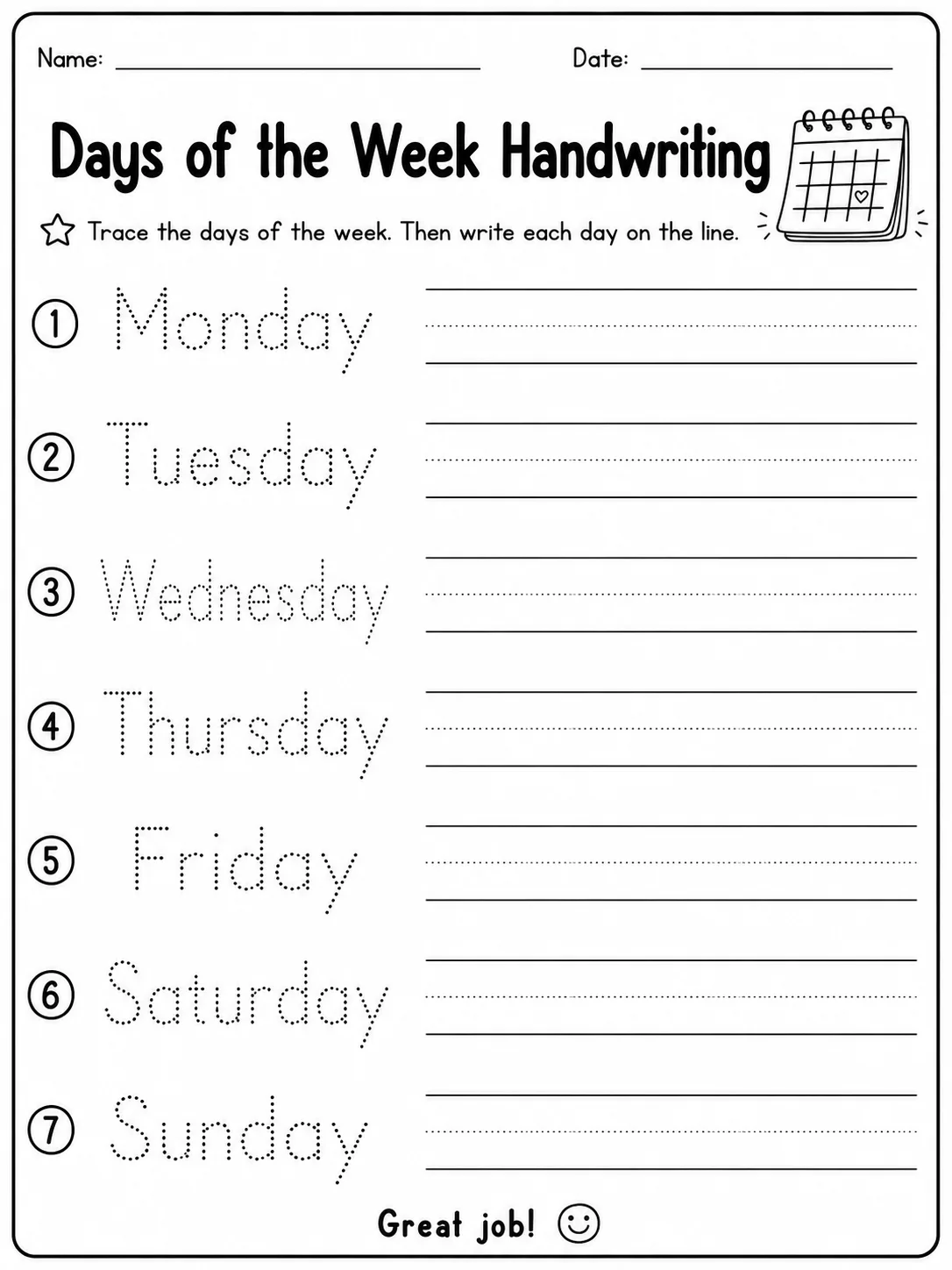 Days of the Week printable Kindergarten worksheet preview from KiwiBee