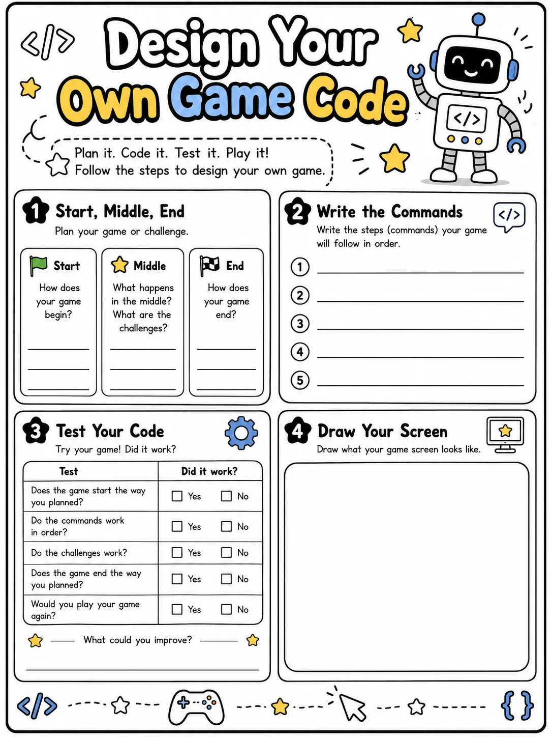 Design Your Own Game Code printable Grade 2 worksheet preview from KiwiBee