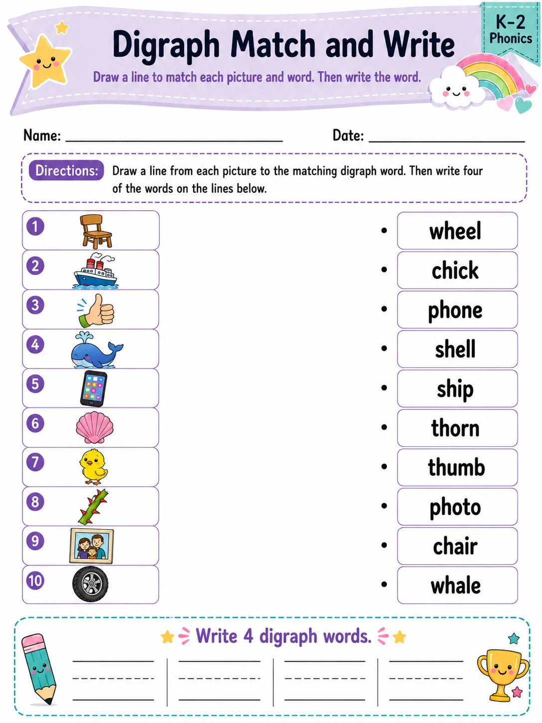 Digraph Match and Write printable Grade 2 worksheet preview from KiwiBee
