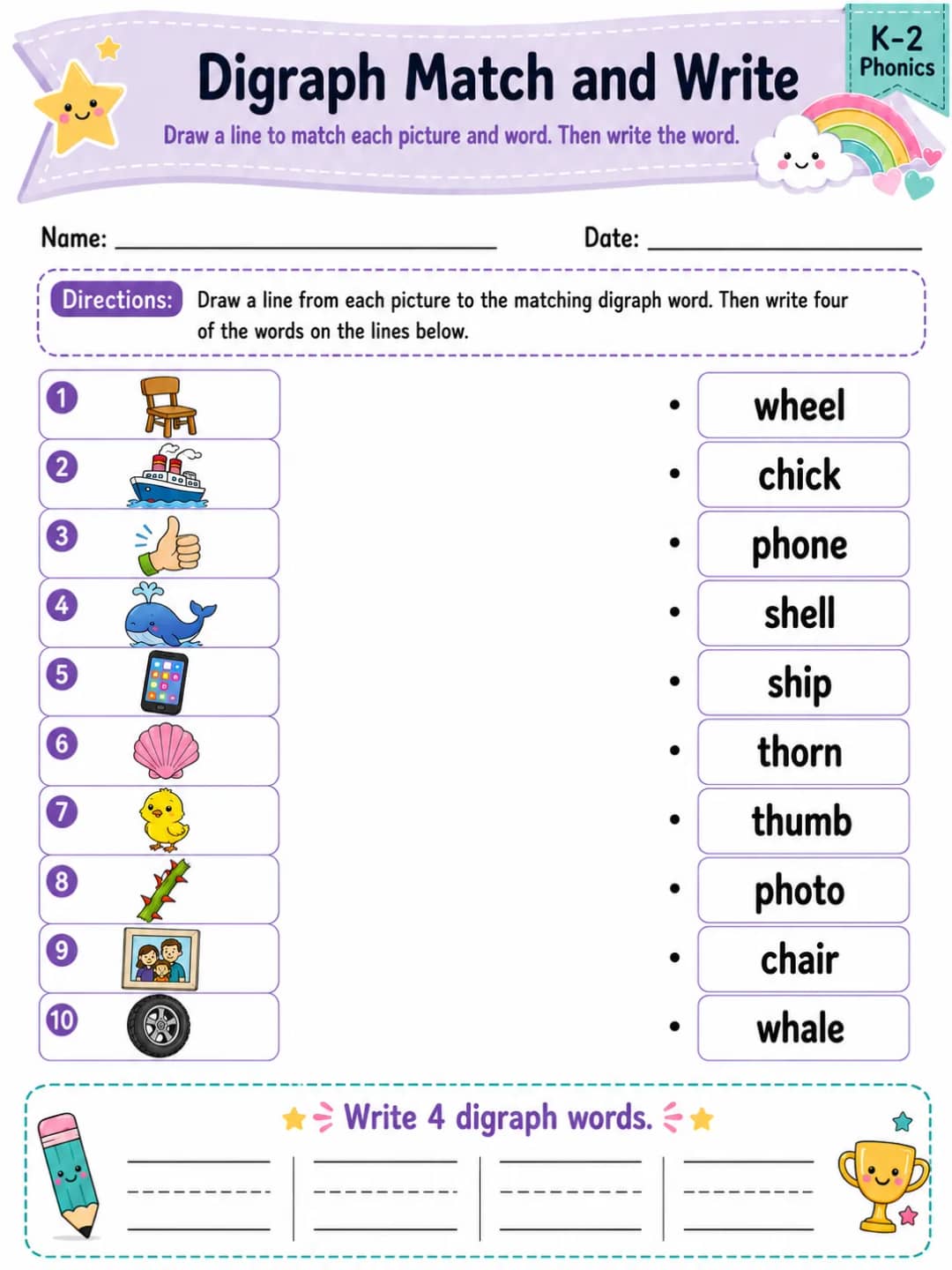 Digraph Match and Write - Set 2 printable Grade 2 worksheet preview from KiwiBee
