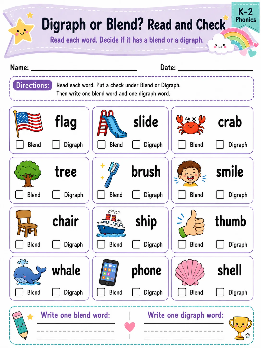 Digraph or Blend? Read and Check printable Grade 2 worksheet preview from KiwiBee