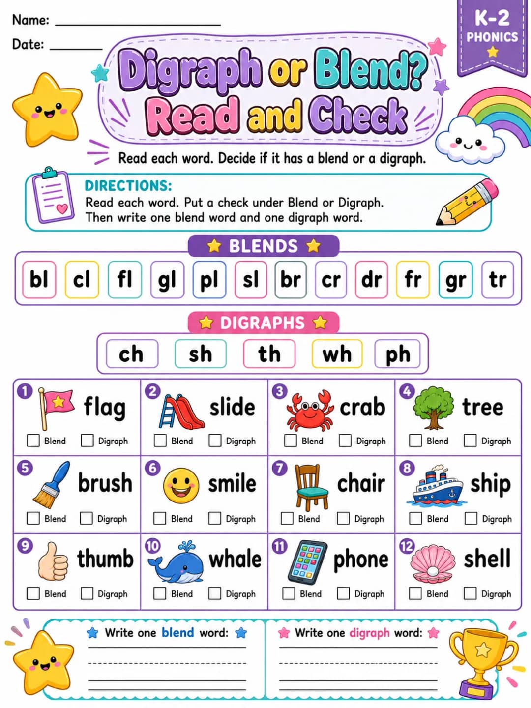 Digraph or Blend? Read and Check - Set 3 printable Grade 2 worksheet preview from KiwiBee