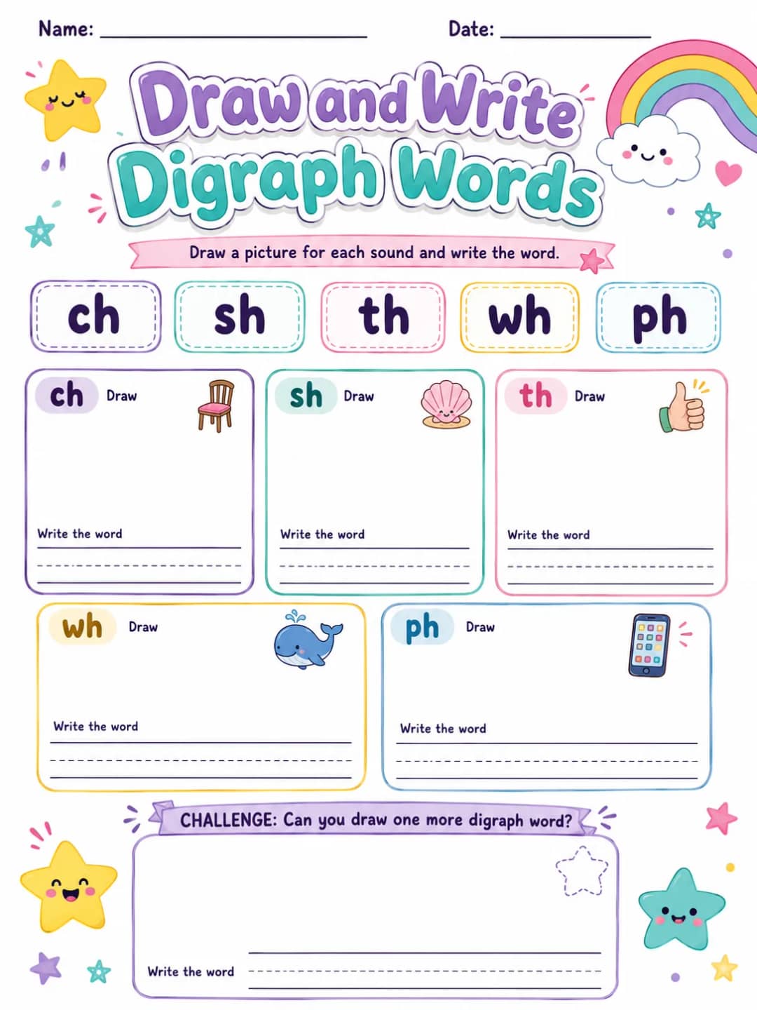 Draw and Write Digraph Words printable Grade 2 worksheet preview from KiwiBee