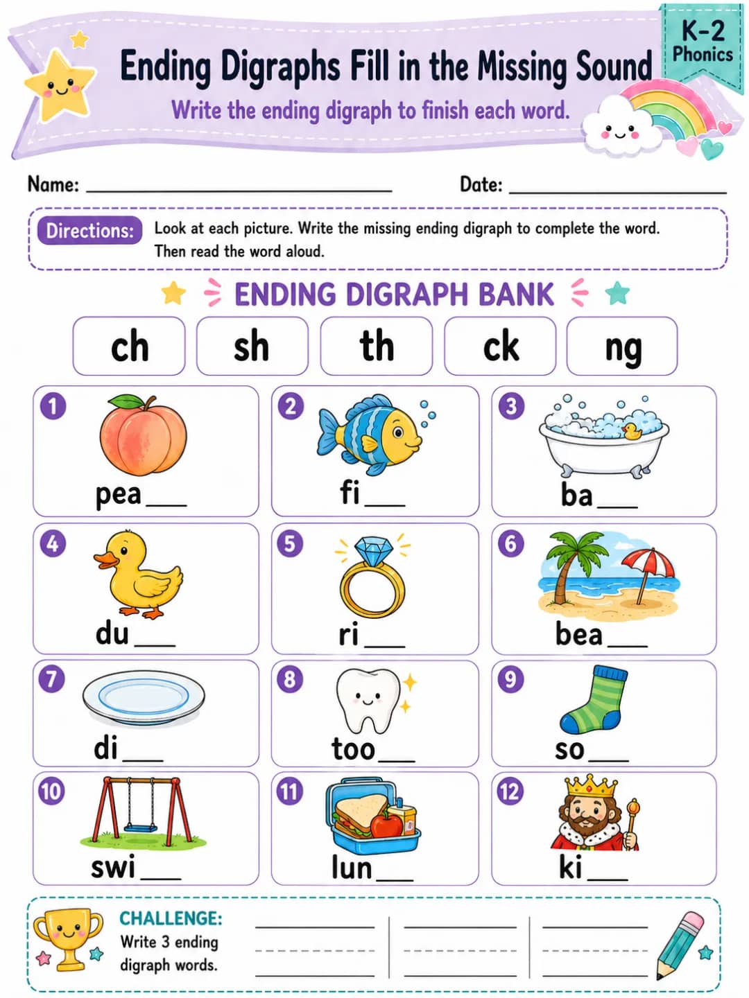 Ending Digraphs Fill in the Missing Sound printable Grade 2 worksheet preview from KiwiBee