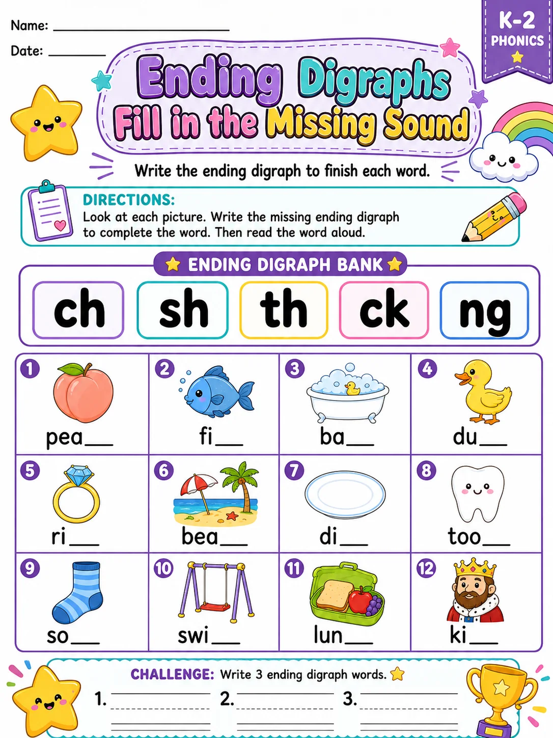 Ending Digraphs printable Grade 2 worksheet preview from KiwiBee