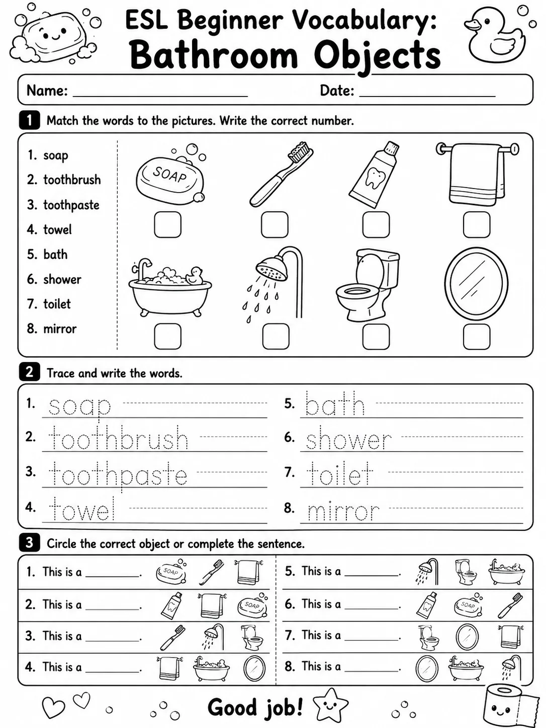 ESL Beginner Vocabulary: Bathroom Objects printable Kindergarten worksheet preview from KiwiBee