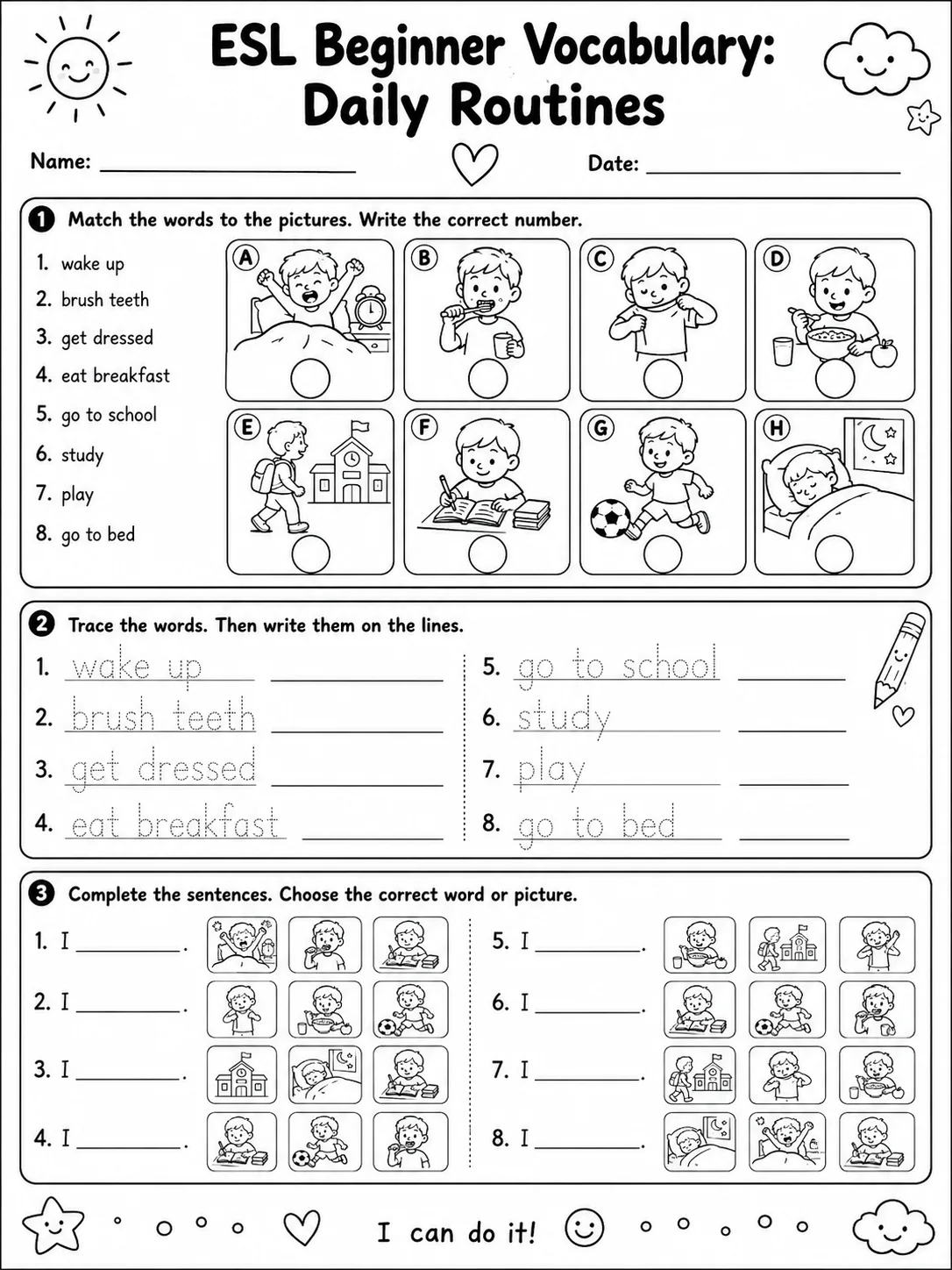 ESL Beginner Vocabulary: Daily Routines printable Kindergarten worksheet preview from KiwiBee